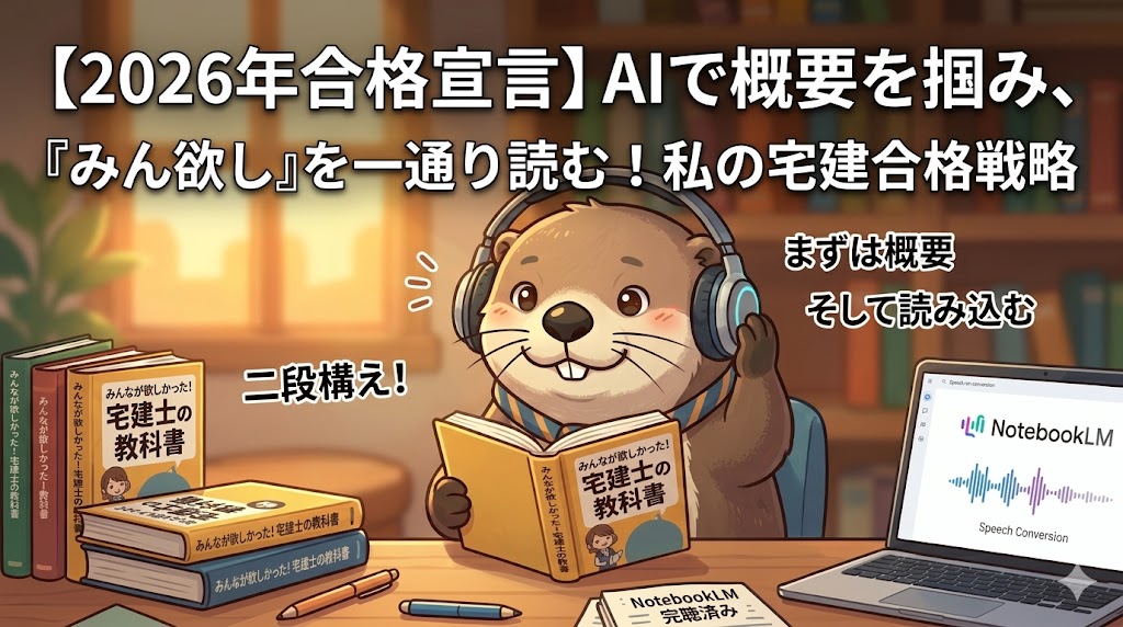 2026年宅建合格を目指し、NotebookLMと「みんなが欲しかった！宅建士の教科書」で学習するビーバーのイラスト