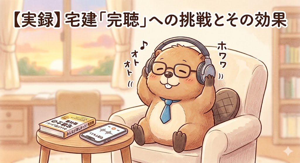 NotebookLMの音声学習で宅建の知識を「完聴」し、リラックスして学習を楽しむビーバーのイラスト