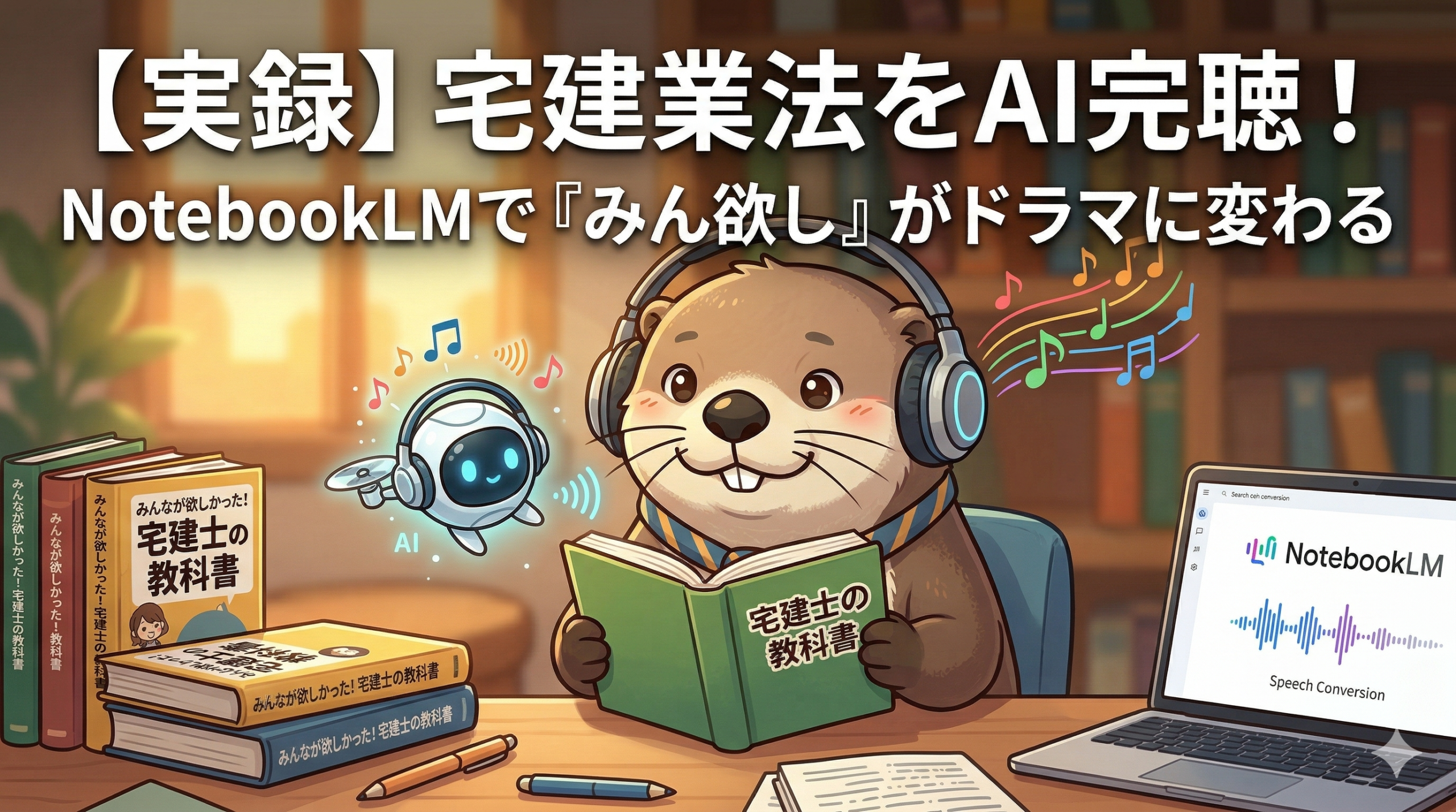 【実録】宅建業法をAI完聴！NotebookLMで『みん欲し』がドラマに変わる。ヘッドフォンを装着し、NotebookLMの音声解説に聞き入るビーバー（海狸こう平）とAIロボット。デスクには『宅建士の教科書』が置かれている。